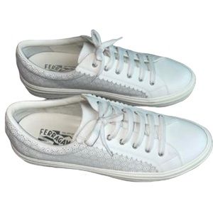 Salvatore Ferragamo Scalloped Laser Cut Detail Calf Leather Dad Sneakers 7.5